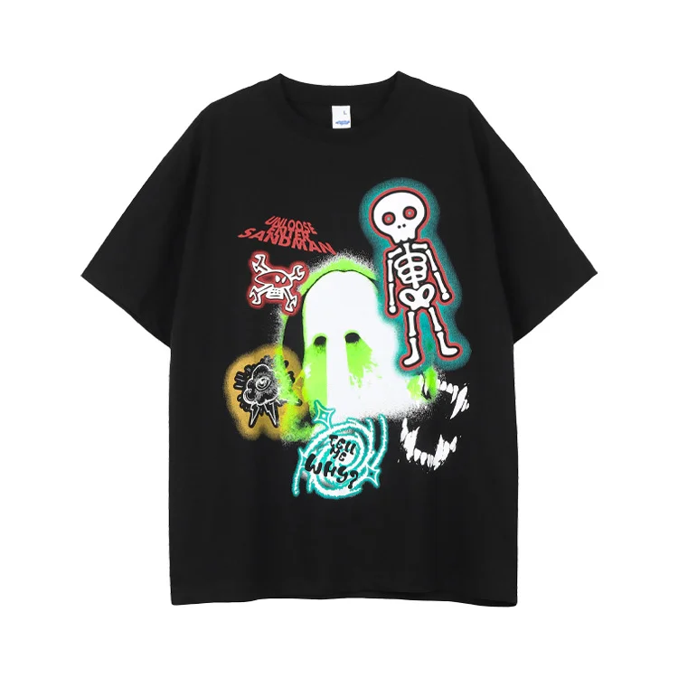 High Street Cotton T-Shirt Small Neck Skull Print Short Sleeves at Hiphopee