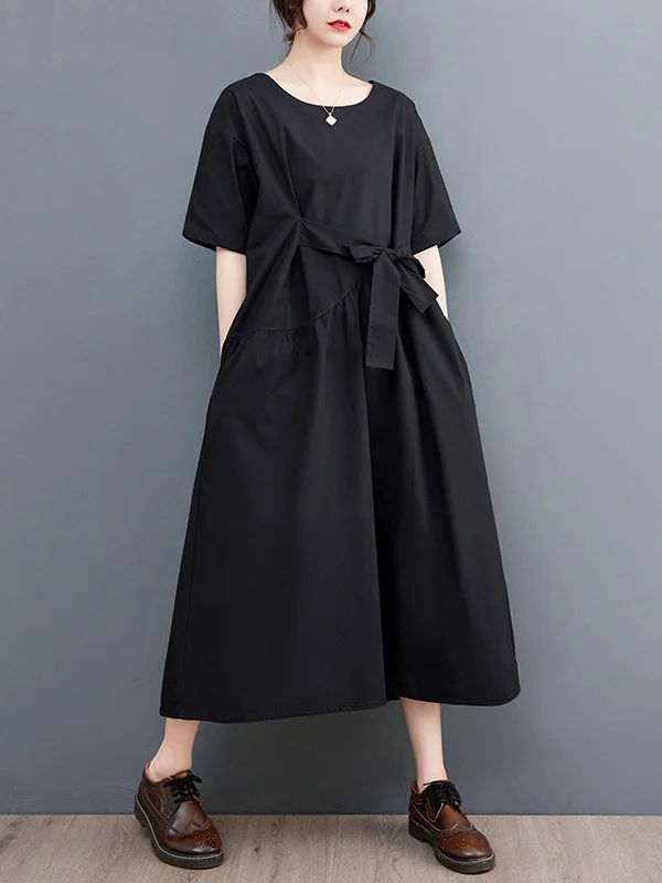 Casual Half Sleeves Loose Solid Color Round-Neck Midi Dresses
