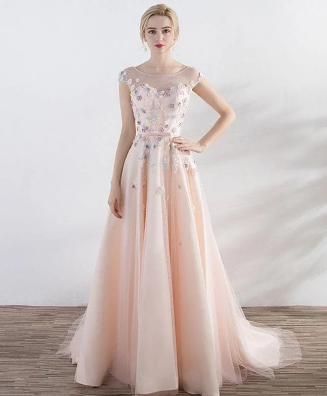 Champagne Pink Round Neck Tulle Long Prom Dress
