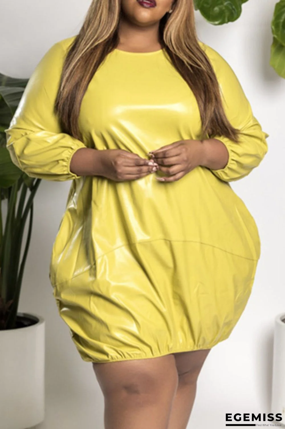 Yellow Fashion Casual Solid Basic O Neck Long Sleeve Plus Size Dresses | EGEMISS