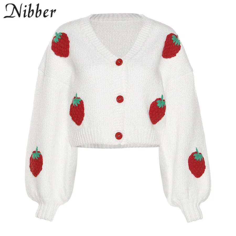 Nibber Knitted Strawberry Long Sleeve Loose Single Breasted Coat Women Autumn Fashion Thicken Warm Cardigan Sweater Streetwear