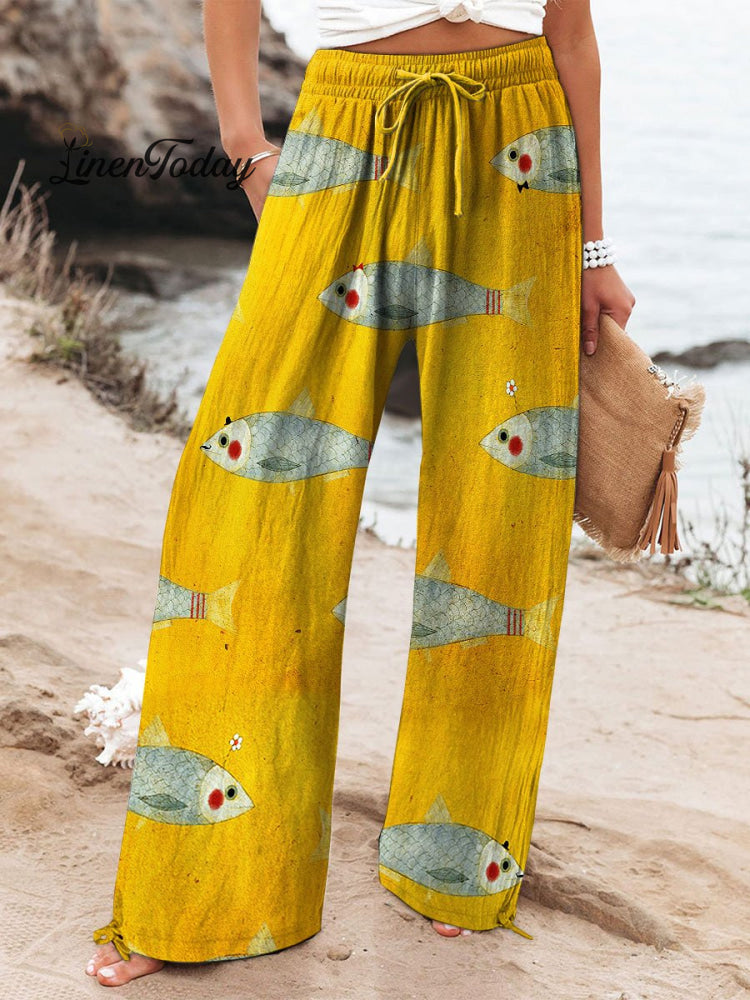 Women’s Vintage Fish Art Print Cotton And Linen Casual Pants Pants1 / S