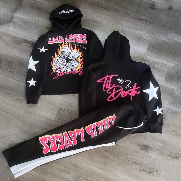 The Love Of My Life Skeleton Graphic Hip-Hop Hoodie & Flared Trousers Two Piece Set