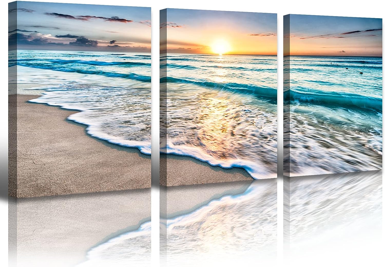 JiazuGo Ocean Decor - Beach Bathroom Decor Wall Art for Living Room Beach Decorations for Home Pictures for Bedroom Wall Decor Canvas Seascape Paintings Deep Blue Sea Wave Sunset Modern 3 Panels 12X16Inchx3