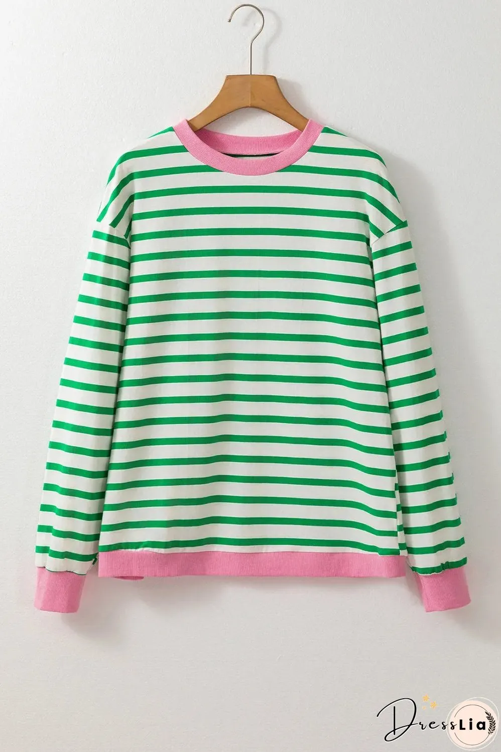 Bright Green Striped Contrast Edge Long Sleeve Top
