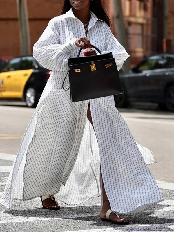 Long Sleeves Loose Solid Color Split-Joint Lapel Maxi Dresses main image 0