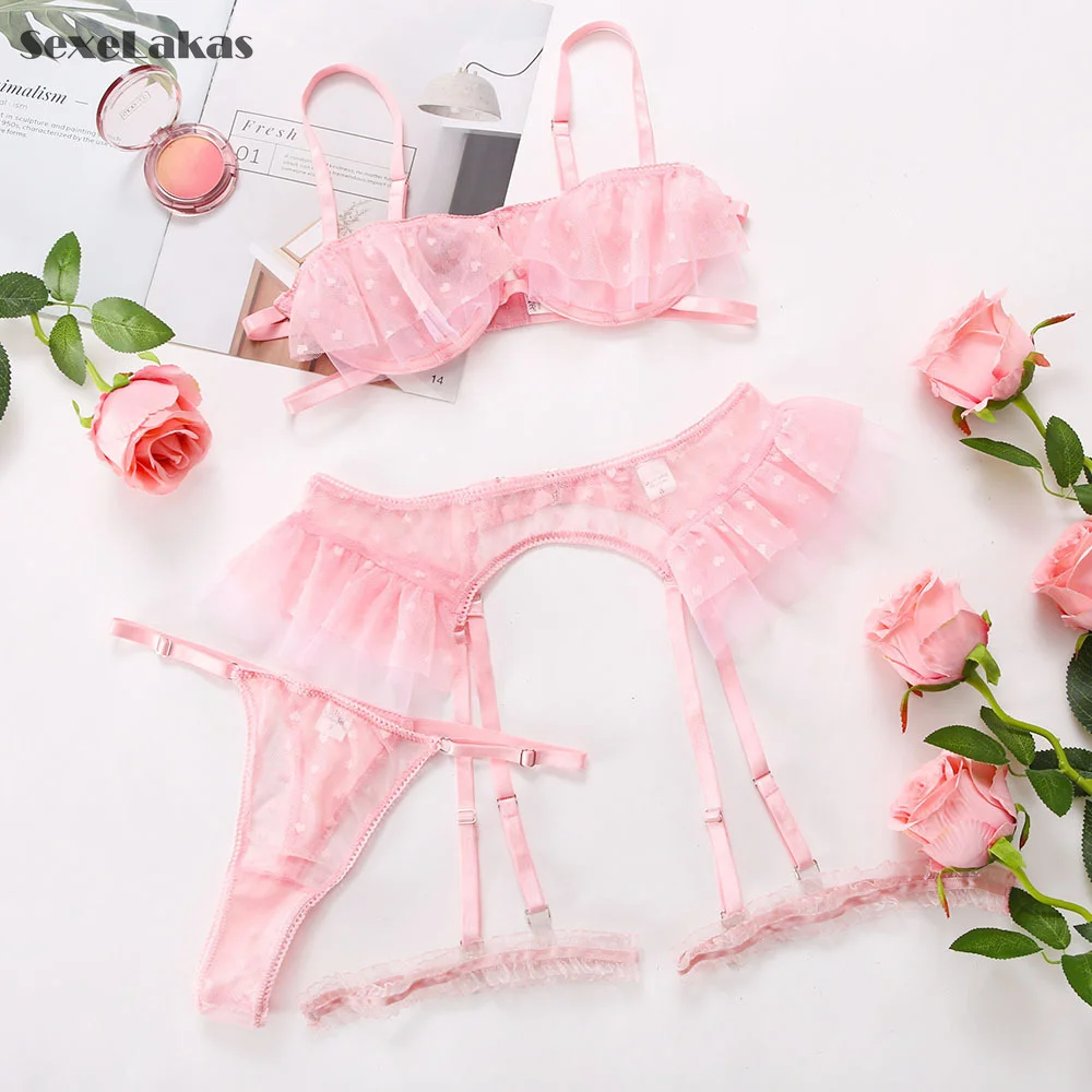 Billionm SexeLakas Pink Nightwear Sexy Transparent See Through Lace Underwear Lingerie Ruffles Heart Shape Intimate Sexual Clothing Sex