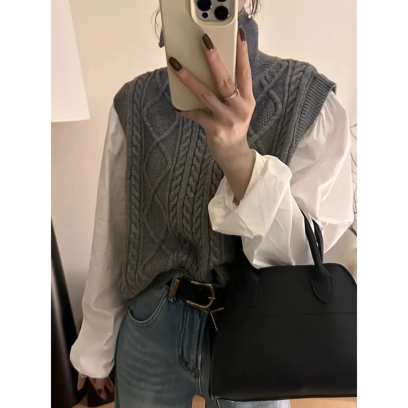 Churchf Churchf 2024 New European Goods Button High-Neck Knit Vest Female Retro Button Pure Color Rhomenge Vest Tide