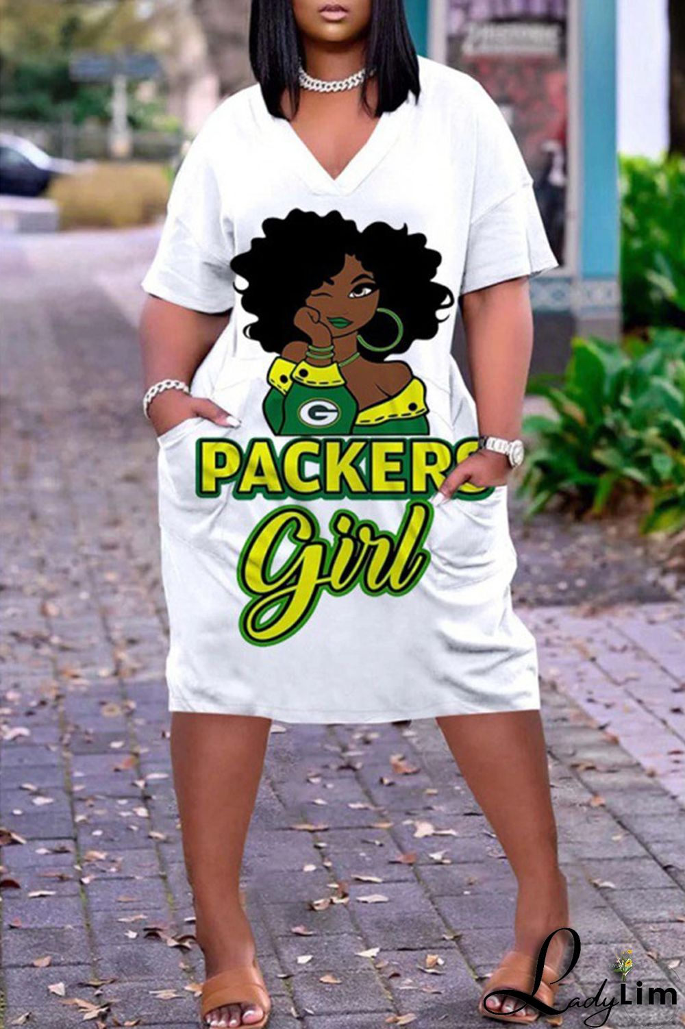 White Casual Print Split Joint Pocket V Neck Straight Dresses