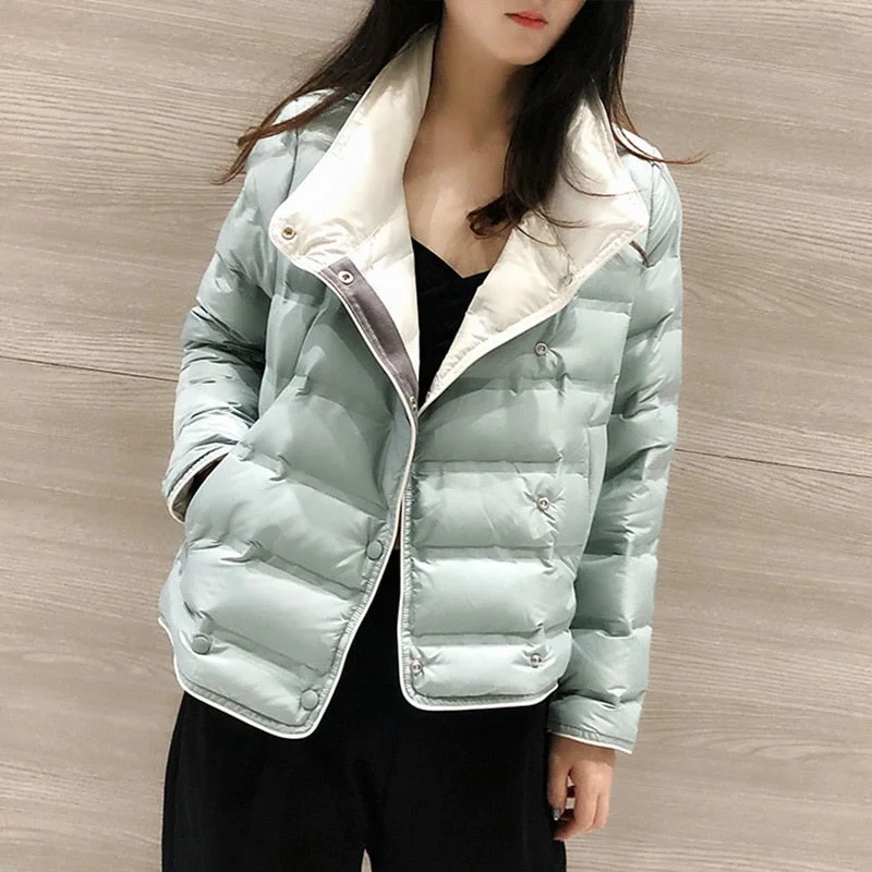 Ailegogo Winter Women Stand Collar Ultra Light Short Down Coat 90% White Duck Down Warm Single Breasted Jacket Lady Snow Outwear