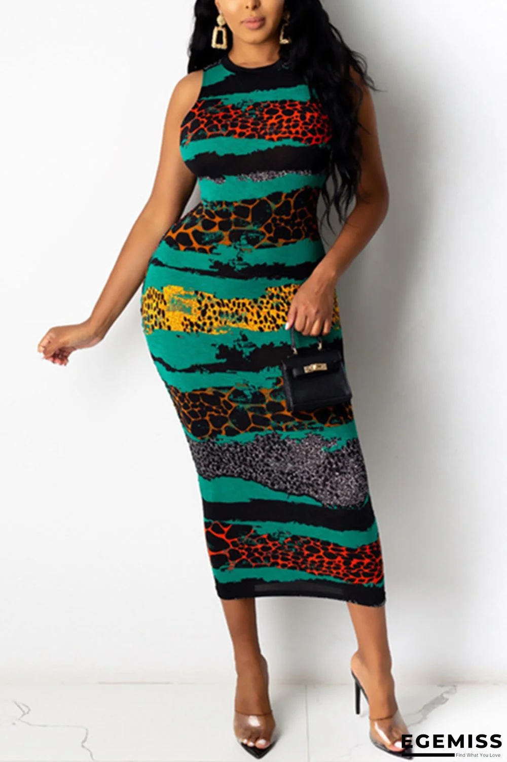 Green Fashion Sexy Off The Shoulder Sleeveless O Neck Printed Dress Mid Calf Print Dresses | EGEMISS