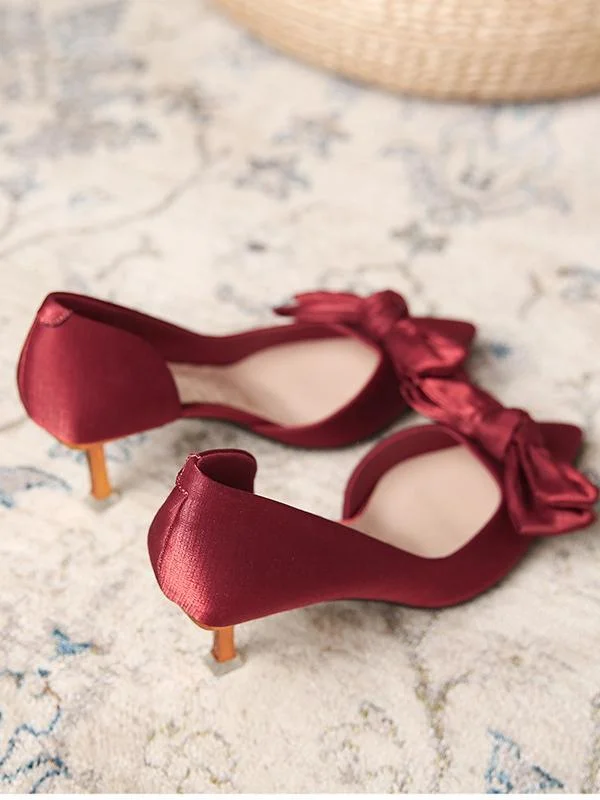 Pointed toe solid color stiletto low-top high heels with bow
