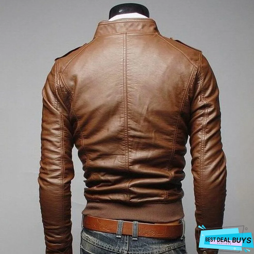 Fashion Men Vintage Motorcycle PU Leather Coats Stand Collar Long Sleeve Outwear Zipper Fitness Cool Jacket