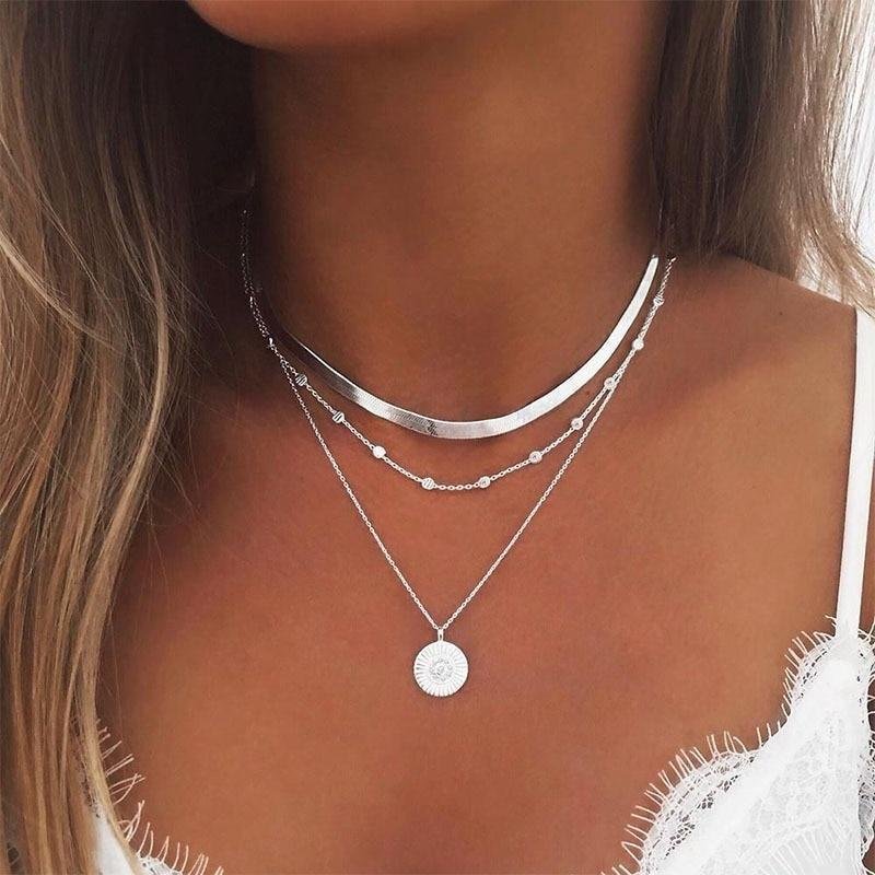 Silver Color Bohemia Alloy Multilayer Necklace Chain Women Collares Necklace