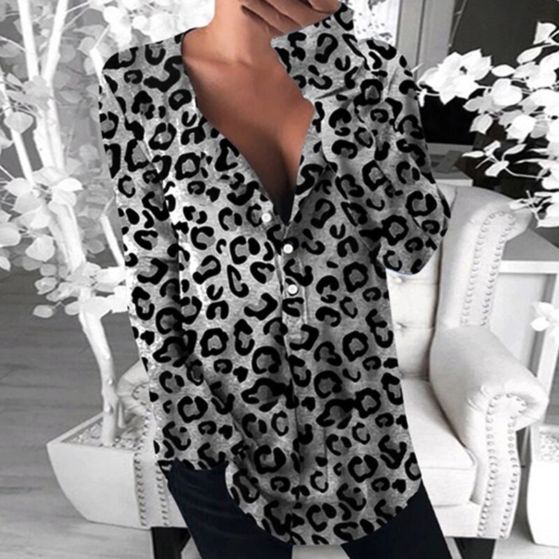 Women 2021 Autumn Leopard Print Blouse Shirt Elegant Button Stand Collar Pullover Tops Vintage Long Sleeve Loose Harajuku Blusas