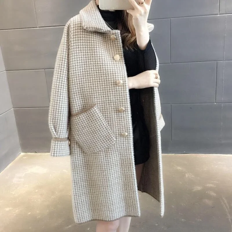 Huiketi Winter Mink-like Wool Coat Women 2023 Knitted Cardigan Korean Style Loose Korean Version Mid-Length Woolen Coat Female