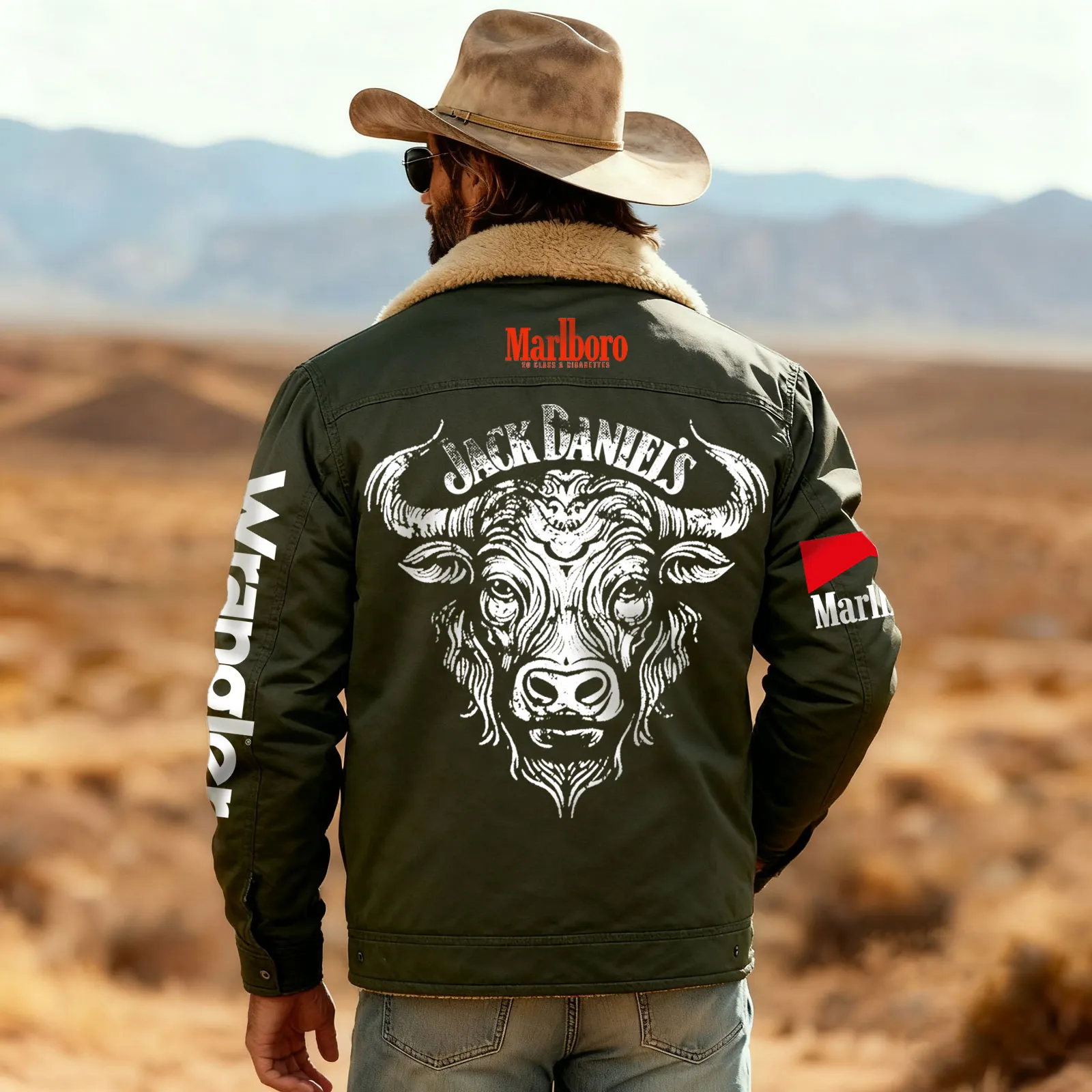 Western-Inspired Bull Graphic Jacket With Iconic Branding And Bold Design