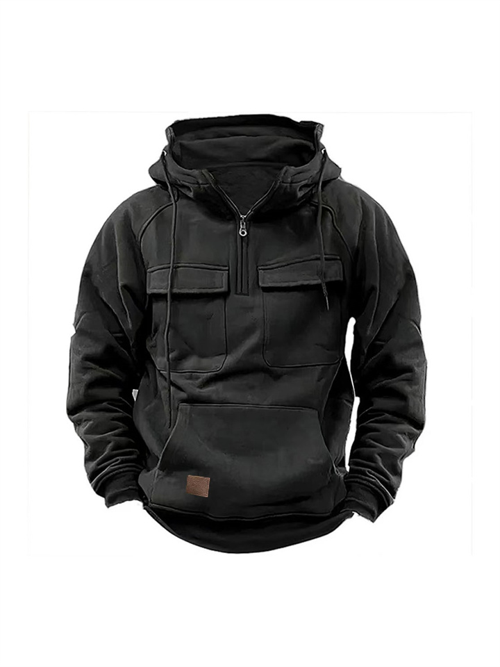 Thickened Men's Round Neck Pullover Shoulder Sleeve Hooded Solid Color Sweater Youth Sports Multi-pocket Patch Leather Sweater Jacket
