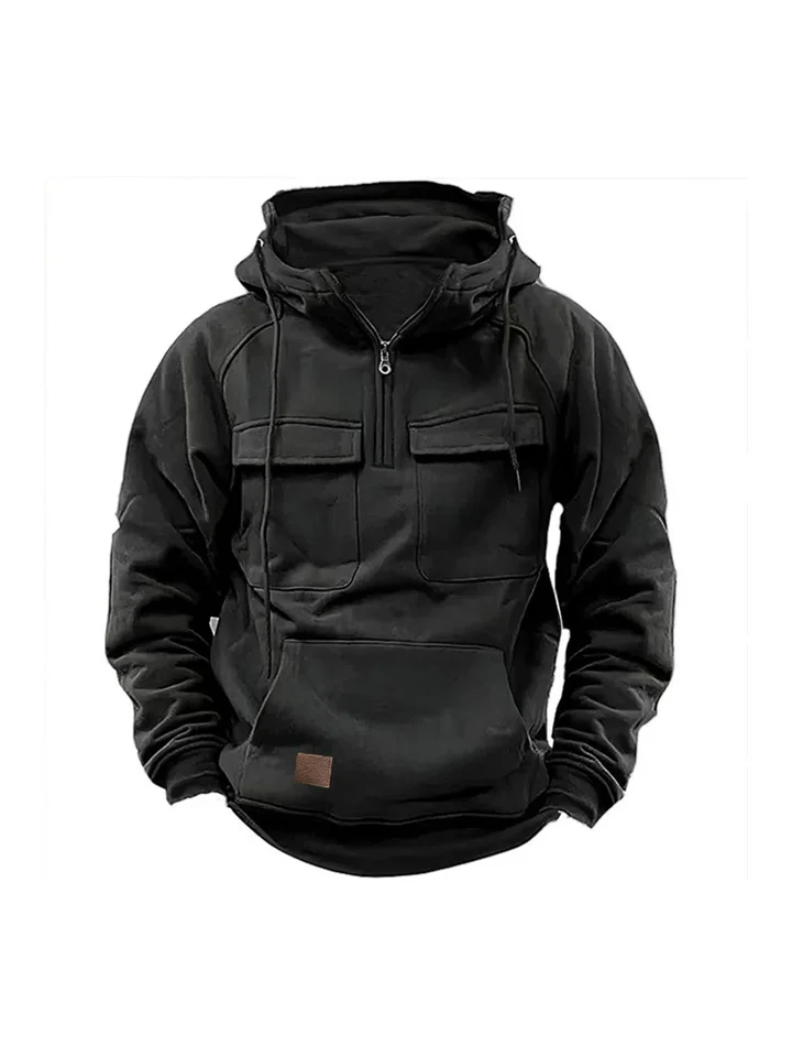 Thickened Men's Round Neck Pullover Shoulder Sleeve Hooded Solid Color Sweater Youth Sports Multi-pocket Patch Leather Sweater Jacket-Cosfine