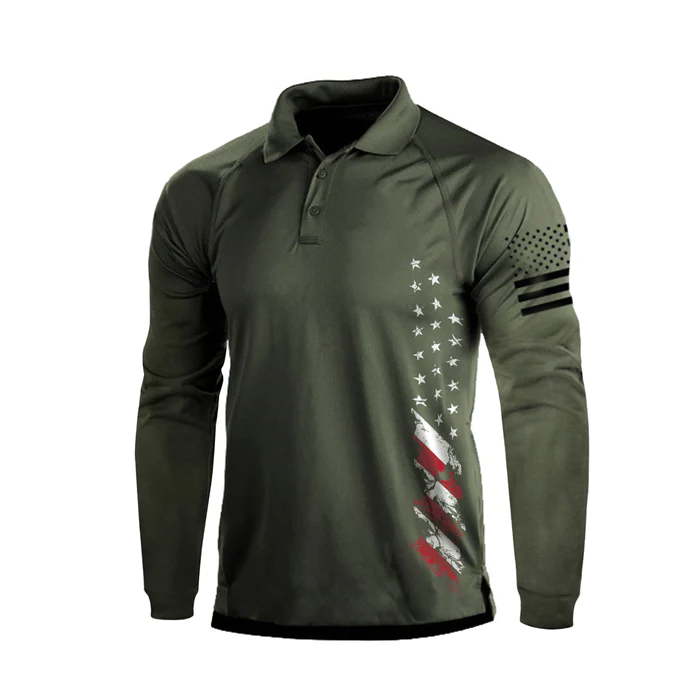American Flag Green Long Sleeve Polo Shirt