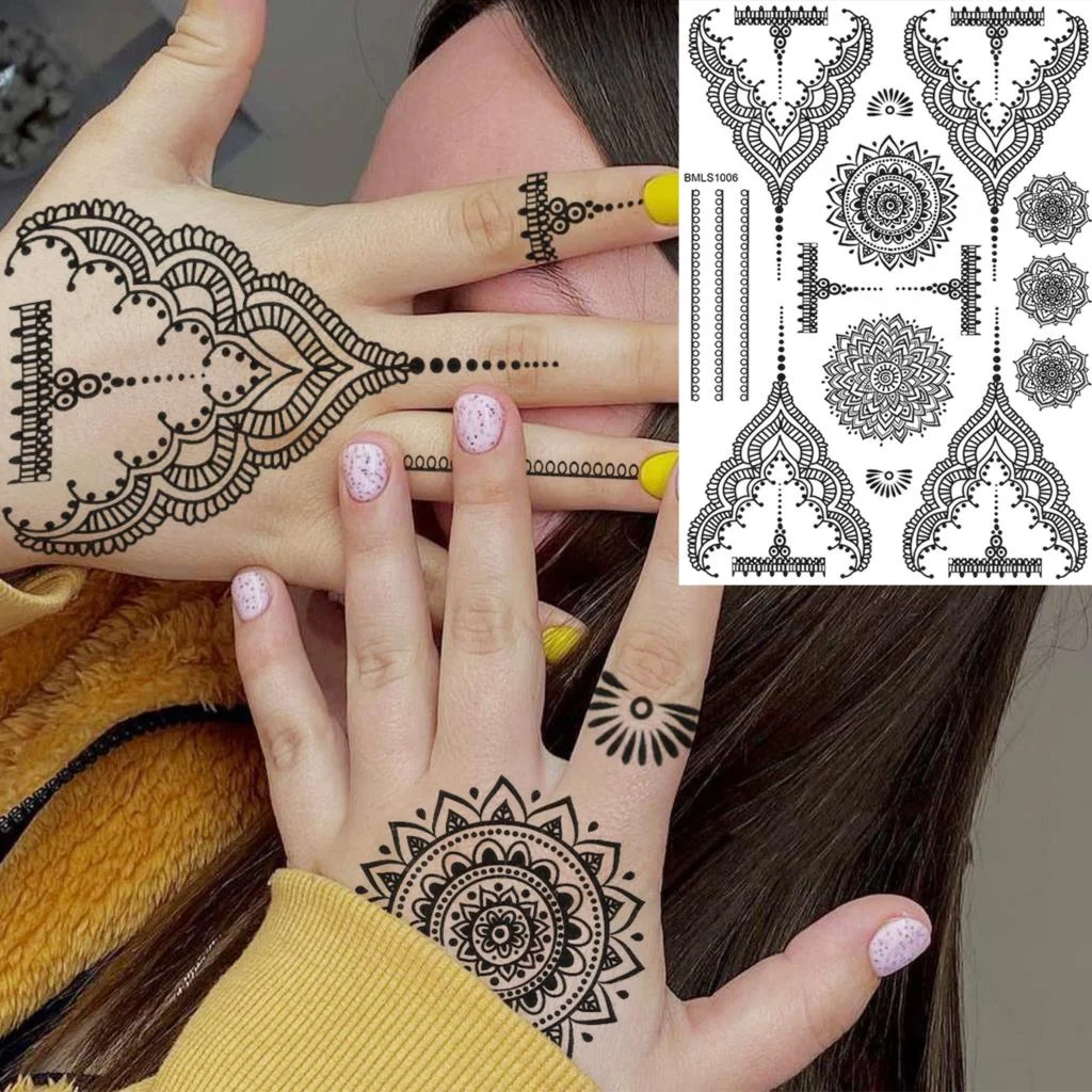 Sdrawing Lace Fingers Henna Mandala Temporary Tattoos For Women Adult Butterfly Pendant Fake Tattoo Sticker Body Art Tatoo