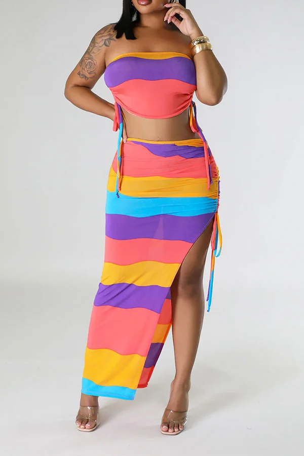 Rainbow Kitsch Drawstring High Split Dress Suit