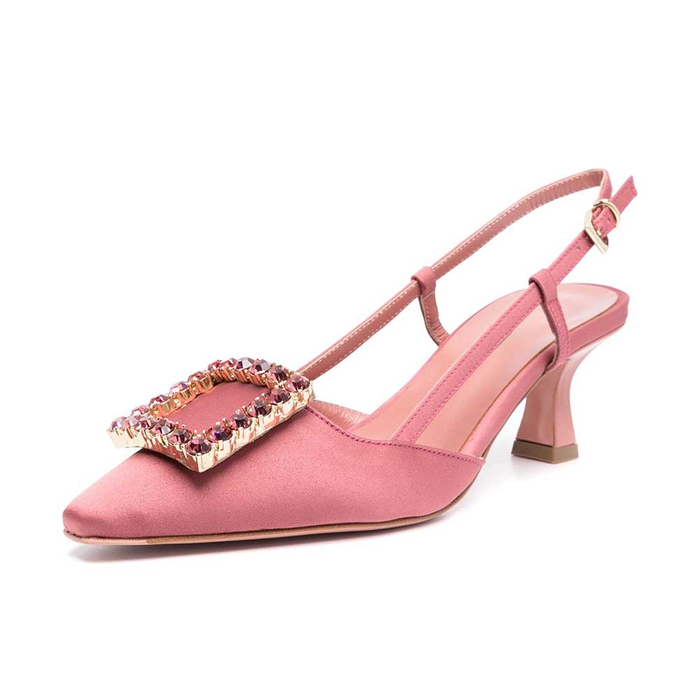 Pink Satin Pointed Rhinestone Embellished Buckle Slingback Pumps     Nicepairs