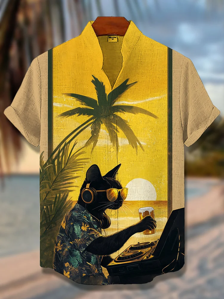 Men's DJ Black Cat Art Print Vacation Short Sleeve Shirt