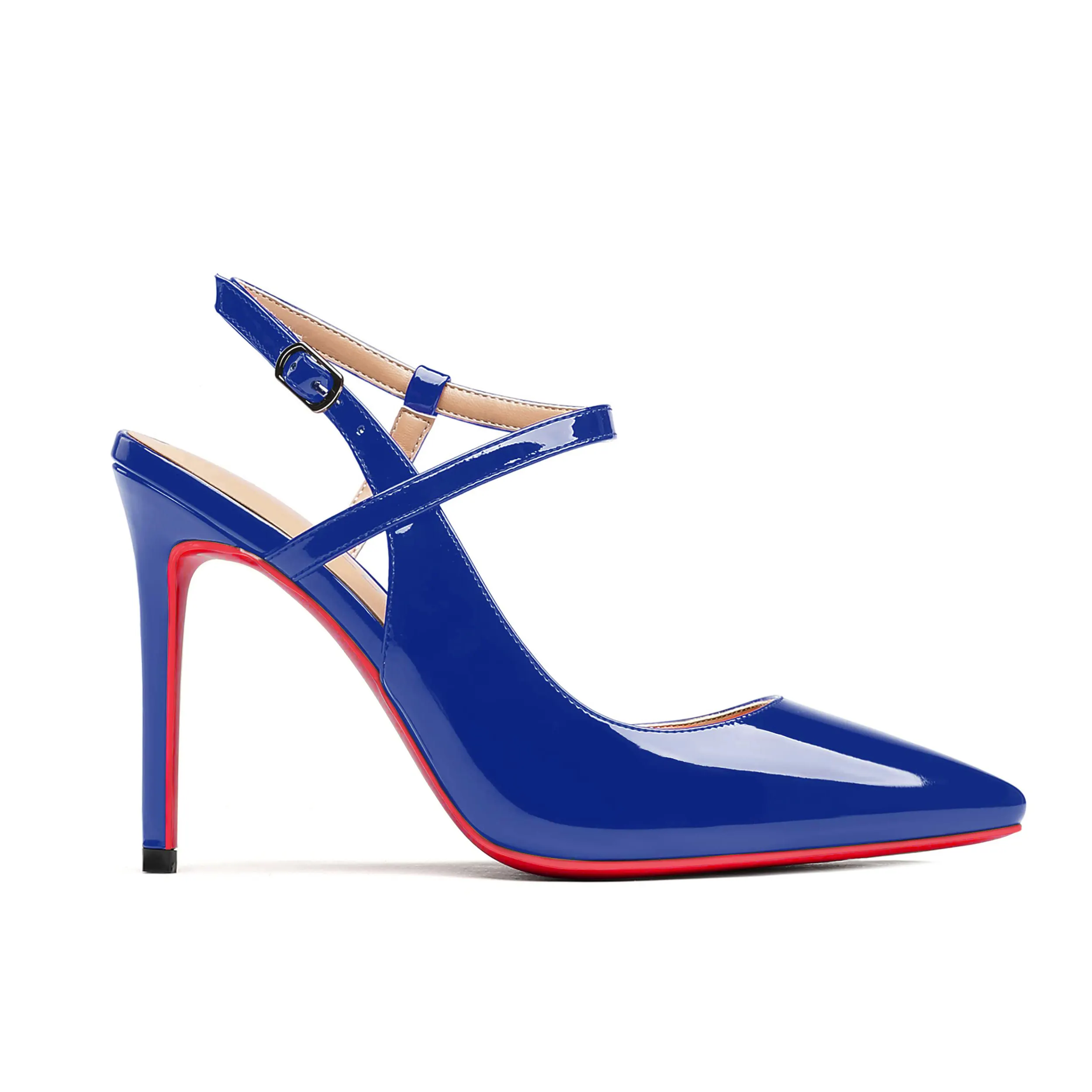 100mm Women Slingback Patent Pumps Ankle Strap Jenlove Stiletto Mid Heel Close Pointed Toe Dress Red Bottoms Shoes