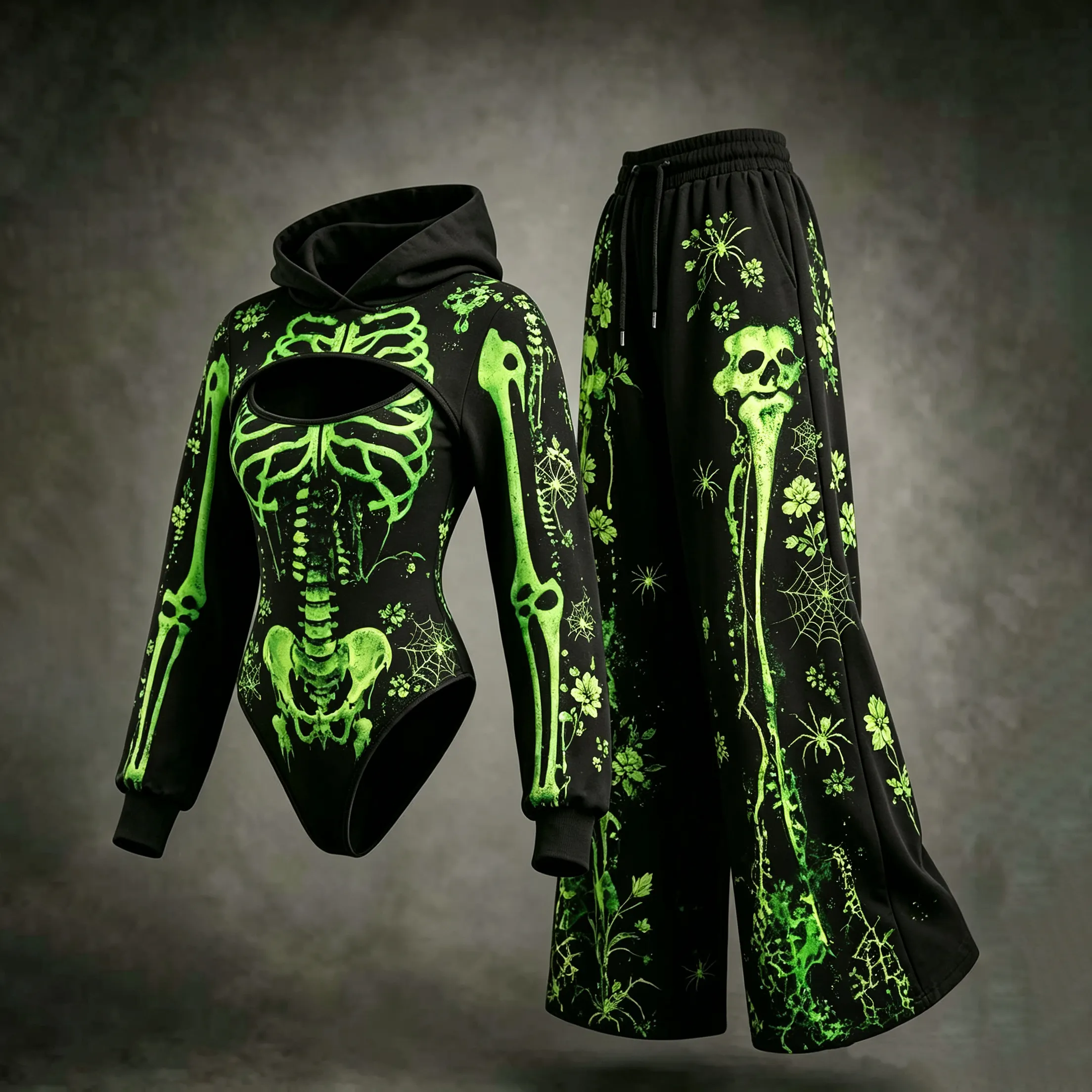 Women's Dark Retro Halloween Skeleton Spider Web Floral Print Three-piece Set artswardrobe