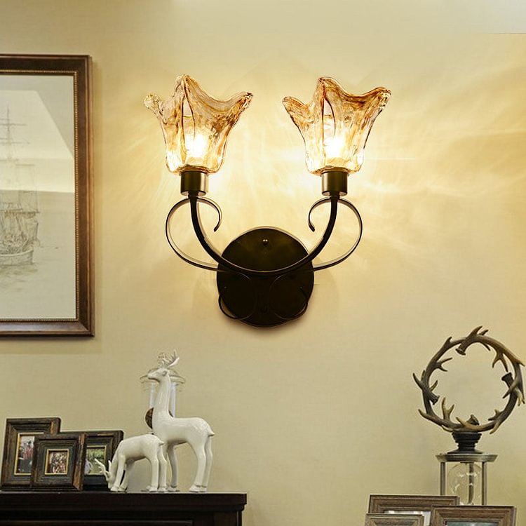 Rustic Bell Wall Sconce Lighting 2 Bulbs Amber Handblown Glass Wall Light in Black for Living Room