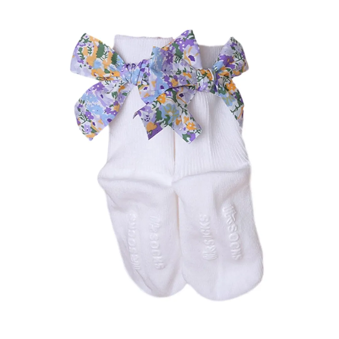 Infant Girls Cute Ribbed Socks Letter Printing Floral Bow Decoration Knitted Warm Non-Slip Breathable Socks 0-5Years