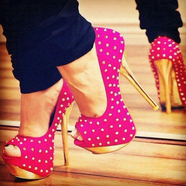 Hot Pink and Gold Stripper Pumps with Peep Toe and Studs Vdcoo