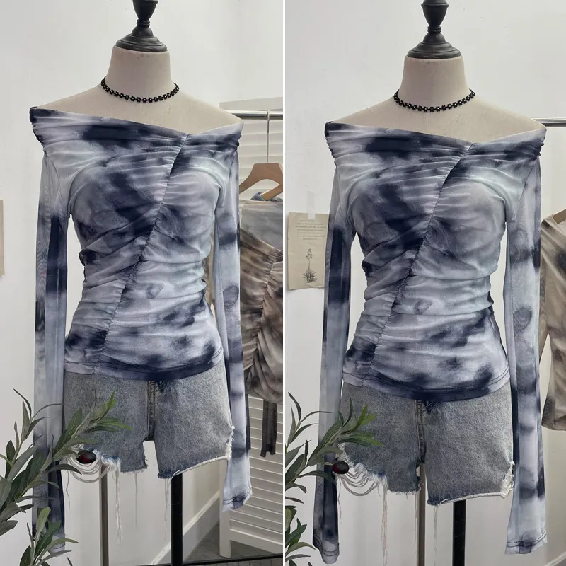 Uveng Real Shot Shoulder Tie-Dye Printing Mesh Hooded Design Long-Sleeved Irregular Folding Repair T-Shirt 9930