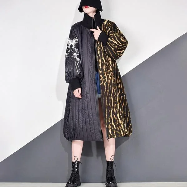 Patchwork Leopard Parkas Women Casual Trendy Fashion New Style Turtleneck Collar Long Lantern Sleeve Personality
