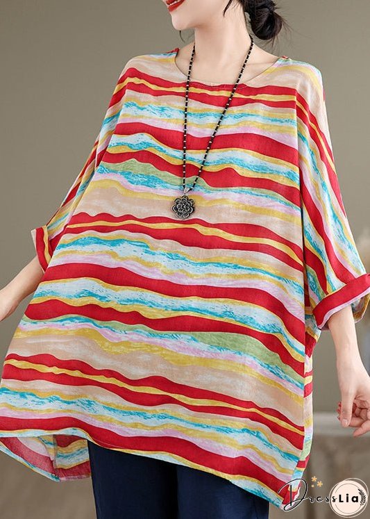 Women Red O Neck Striped Plus Size Cotton Blouse Tops Batwing Sleeve