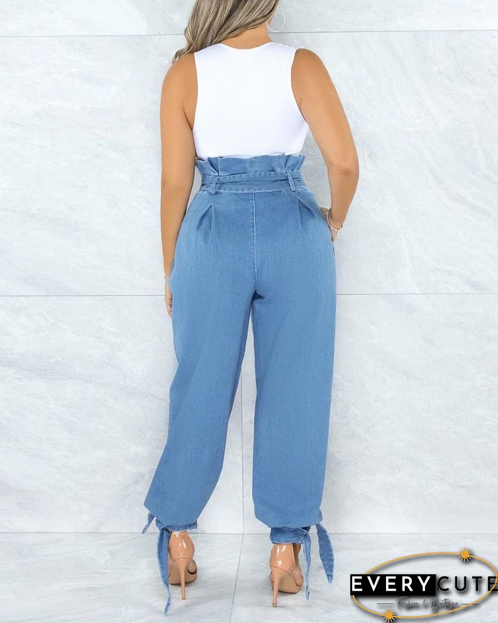 Solid Color High Waist Frill Hem Self Tie Jeans