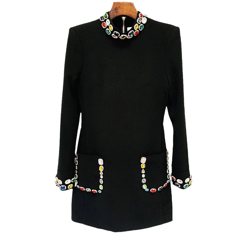 Nigikala Nigikala Early Spring New Star Fashion Heavy Industry Nails Studded With Colored Gemstones Diamond Long-Sleeved Dress