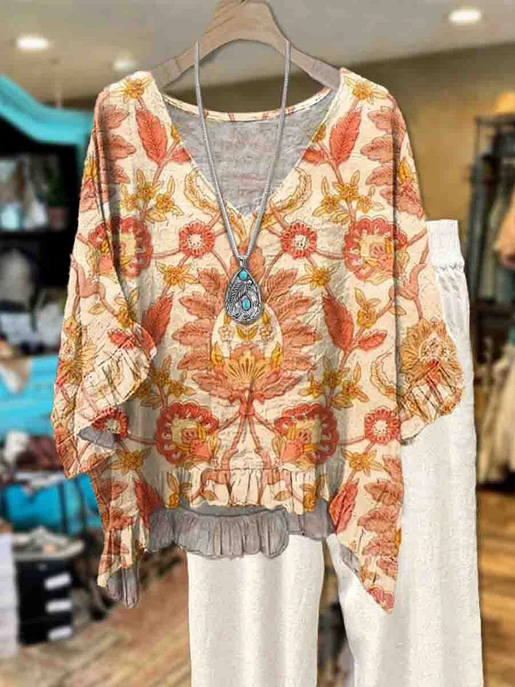 Women's Vintage Floral Print Casual Short Sleeve Comfortable Cotton Shirt