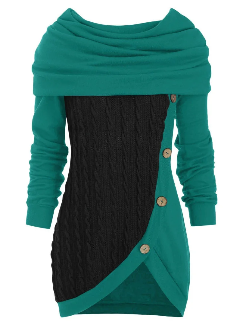 Women Long Sleeve Heap Collar Hooded Solid Stitching Irregular Sweater Top