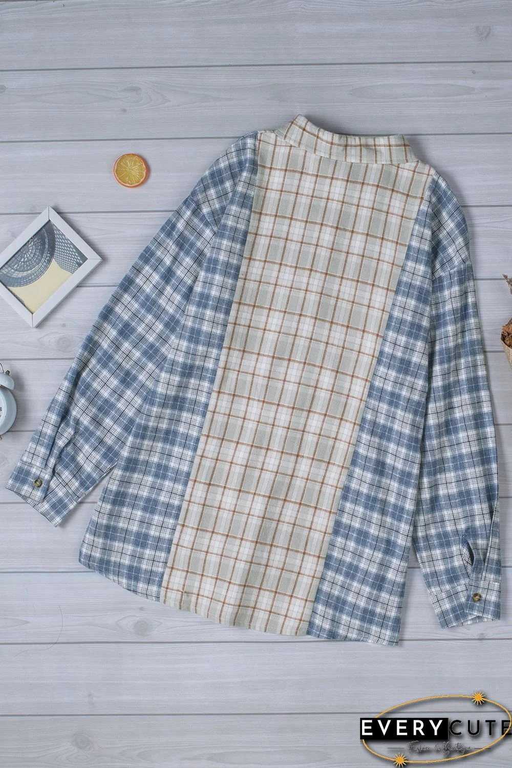 Sky Blue Plaid Color Block Pocket Button-up Long Sleeve Shirt