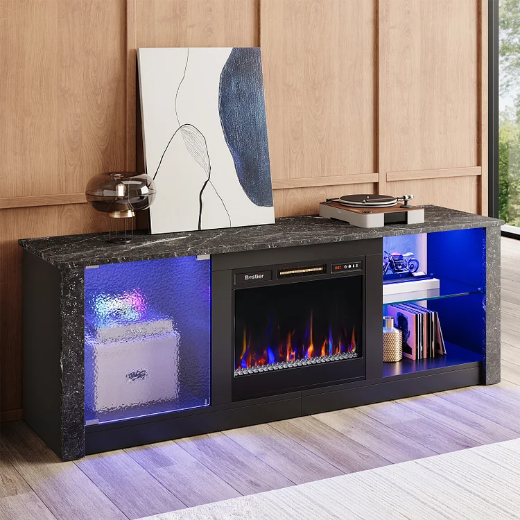 Bestier Fireplace TV Stand with 23" Electric Fireplace for TVs Up to 70 inch, LED Light Entertainment Center, Modern Wood Media TV Console with Highlight Storage Cabinet for Living Room, Black