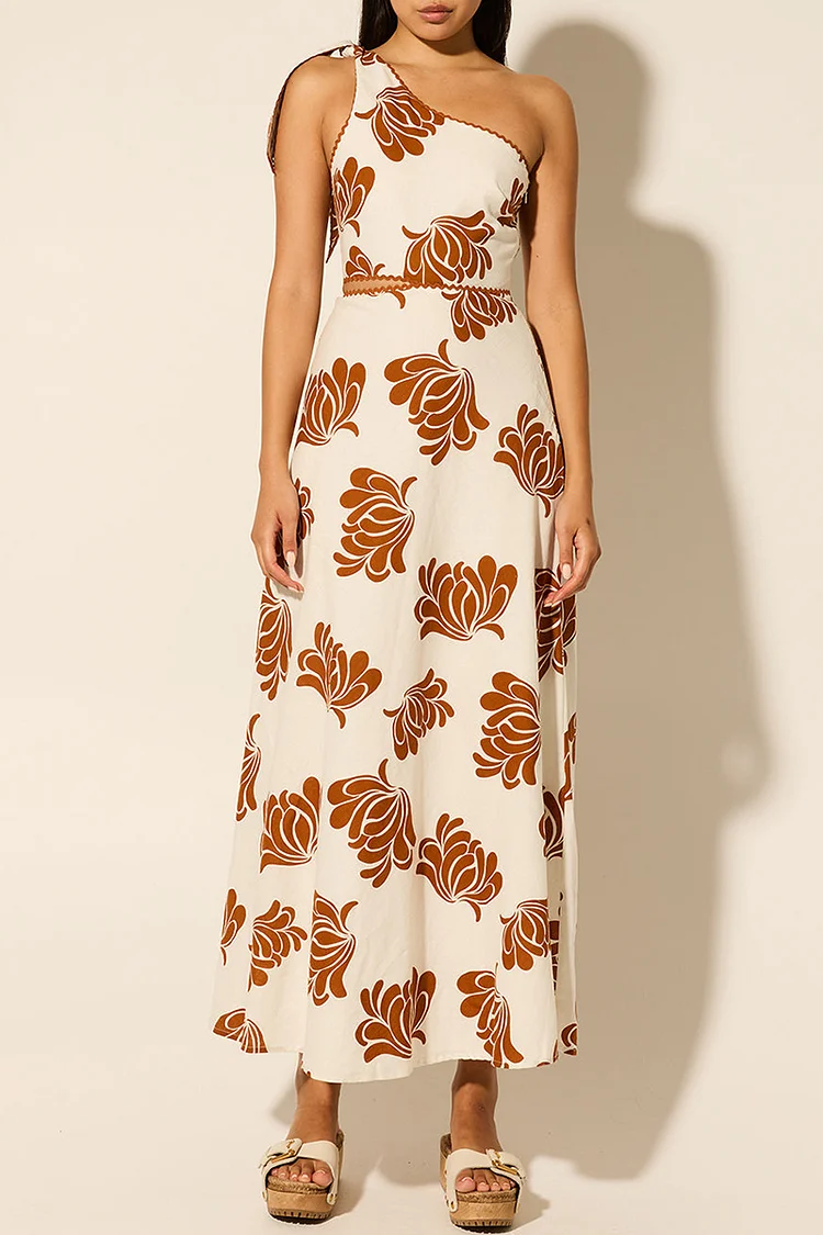 Skew Neck Knotted Cut Out Floral Print Maxi Dresses-Beige [Pre Order]