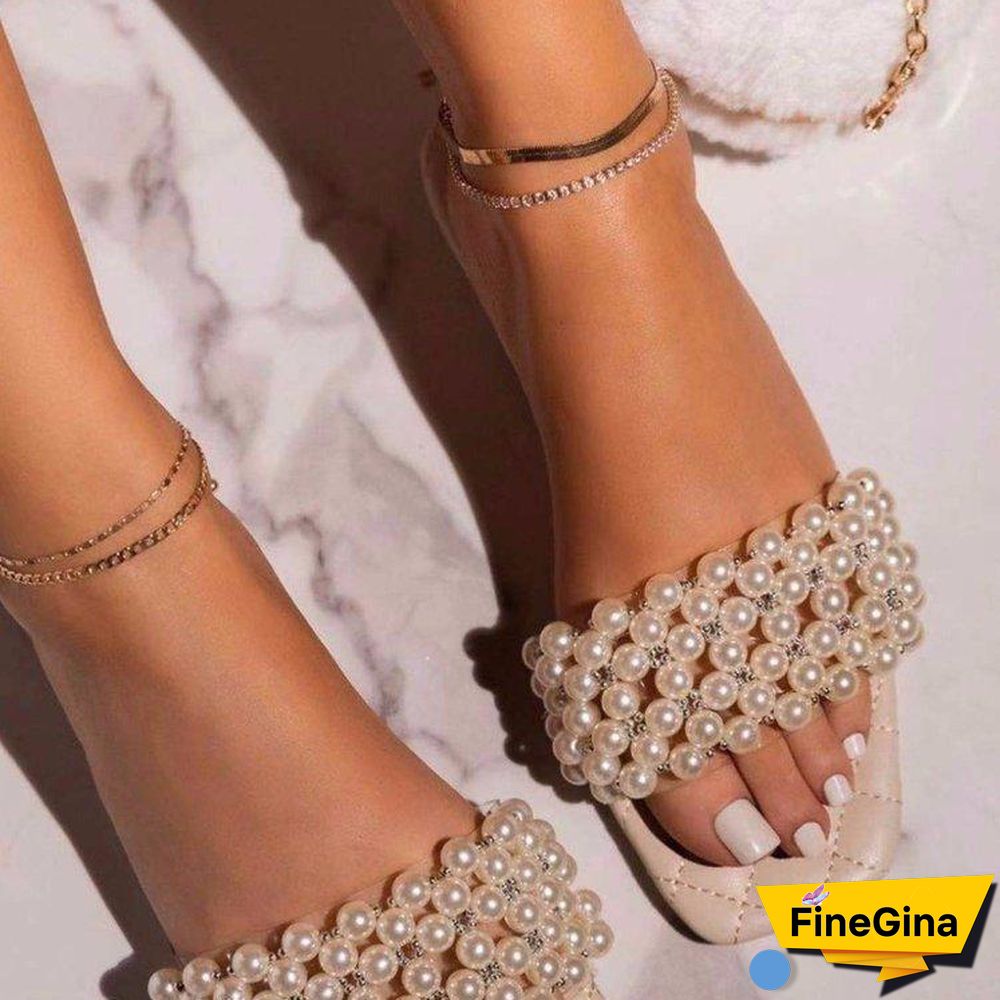 Elegant Square Toes Beads Plat Slipper