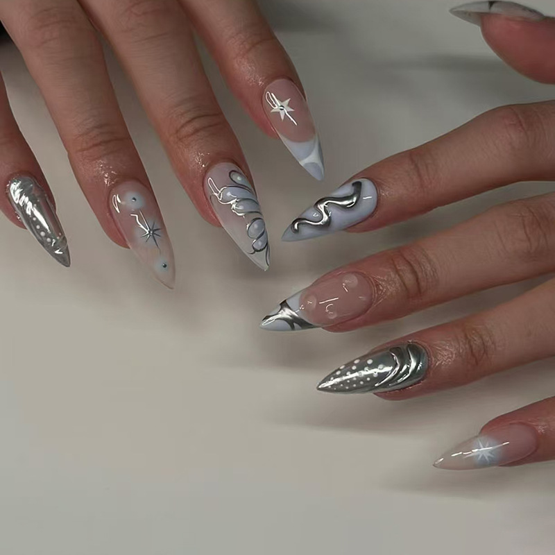 Damokan 24Pcs Simple French Nails Art Tips Fake Nails 3D Design Wearable Full Cover False Nail Mid-length Almond Reusable Press on Nails