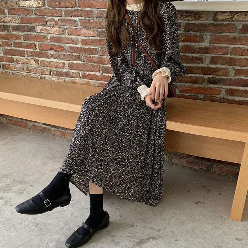 Long Sleeve Dress Women Pleated Patchwork Stand Collar Lace Ruffle Womens Sweet Elegant Basic Daily Streetwear All-match 3XL New