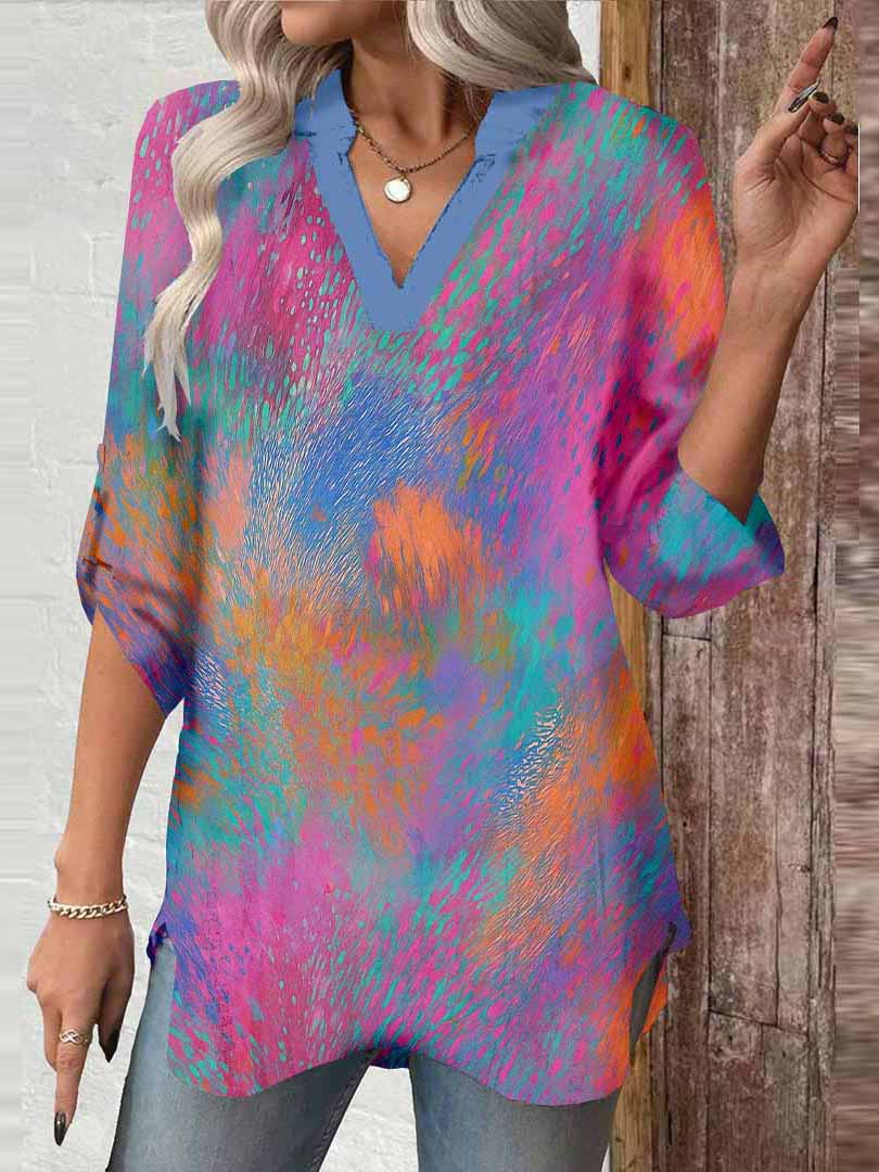 Women Tie-Dyed, Red DZGA0353 3/4 Sleeve V-neck Printed Graphic Button Tops