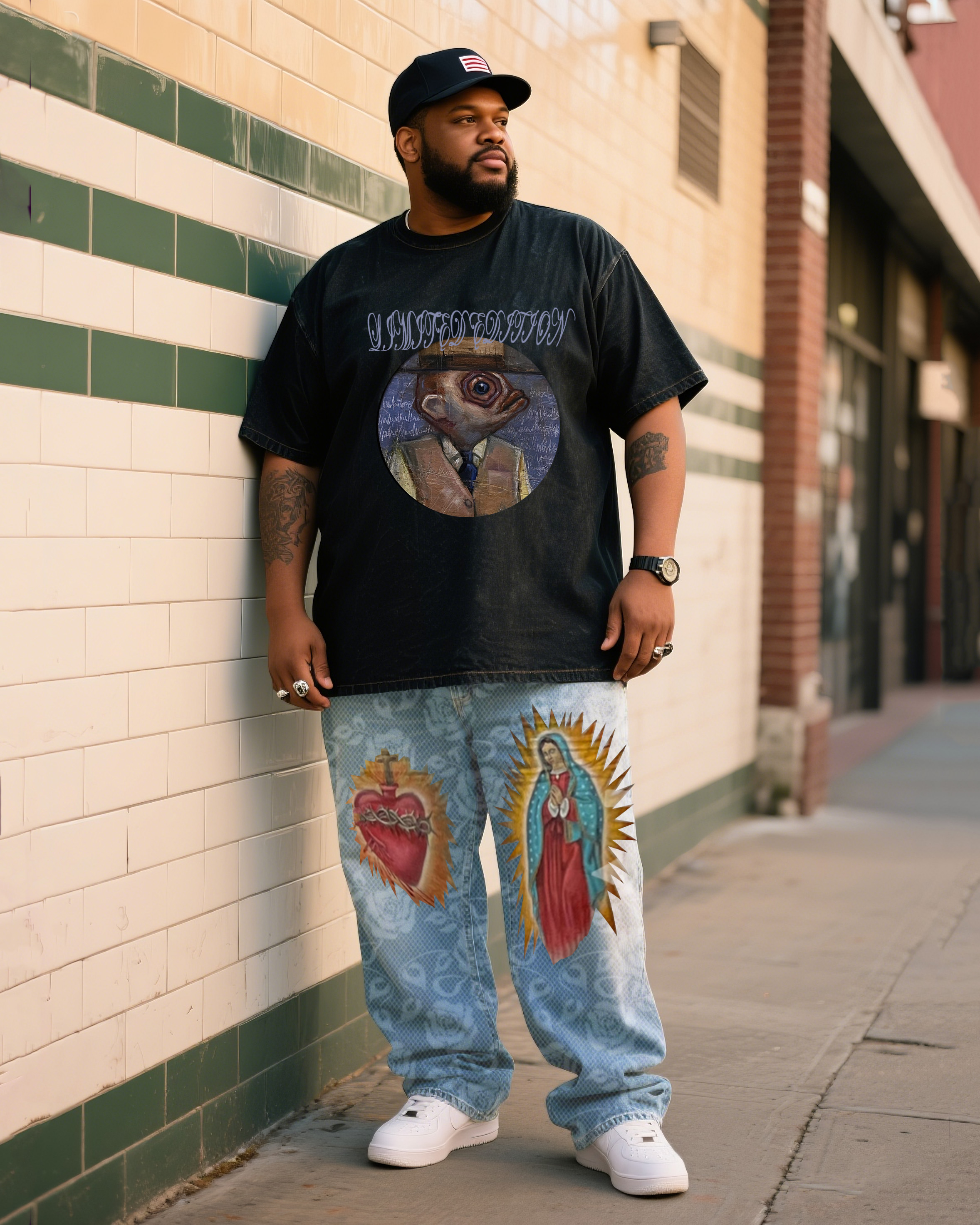 Plus Size Men's Personality Portrait Printed T-Shirt Personality Graffiti Pants Denim Suit