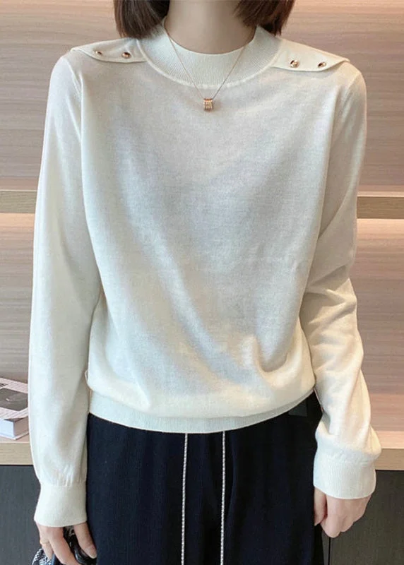 Simple Beige O Neck Patchwork Cozy Cotton Knit Tops Long Sleeve