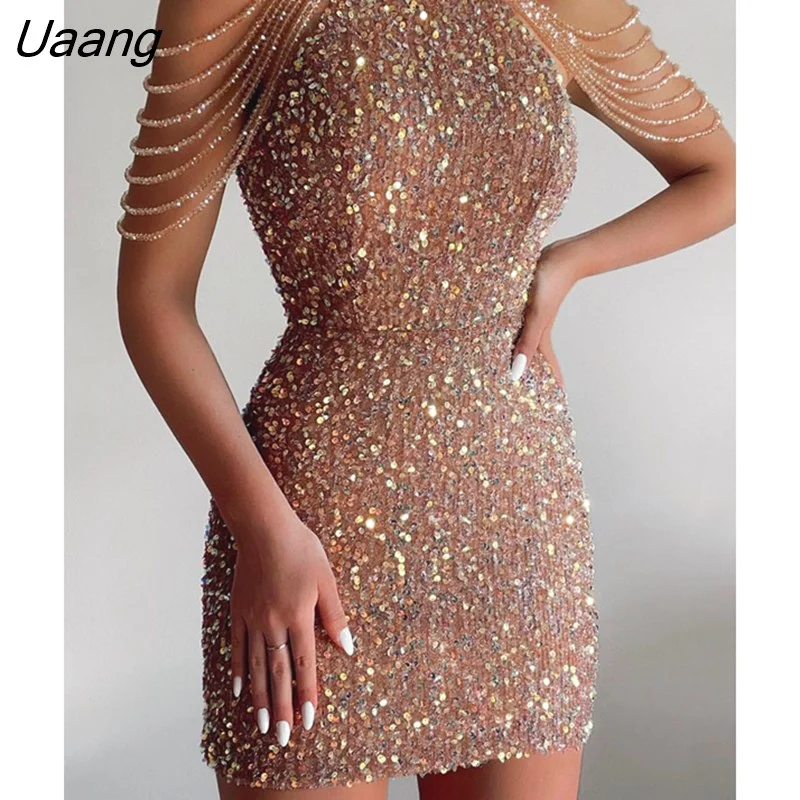 Uaang Women Sexy Slim Fit Sequined Beaded Decor A-Line Dress